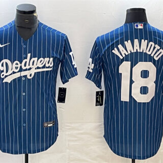 Men's Los Angeles Dodgers #18 Yoshinobu Yamamoto Navy Cool Base With Patch Stitched Baseball Jersey