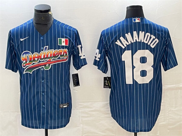 Men's Los Angeles Dodgers #18 Yoshinobu Yamamoto Navy Cool Base With Patch Stitched Baseball JerseyS 1