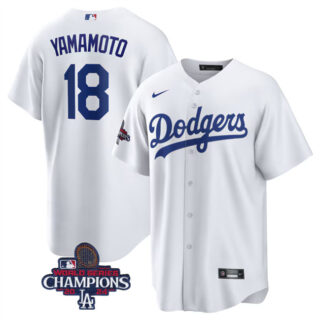 Men's Los Angeles Dodgers #18 Yoshinobu Yamamoto White 2024 World Series Champions Cool Base Stitched Baseball Jersey