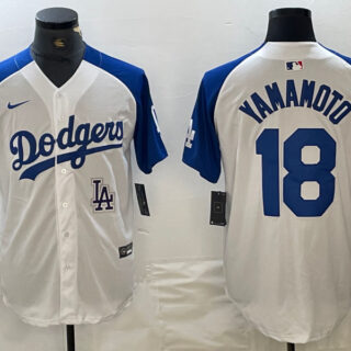 Men's Los Angeles Dodgers #18 Yoshinobu Yamamoto White Blue Vin Patch Cool Base Stitched Baseball Jersey