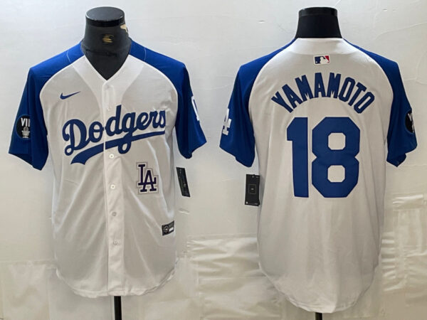 Men's Los Angeles Dodgers #18 Yoshinobu Yamamoto White Blue Vin Patch Cool Base Stitched Baseball Jersey