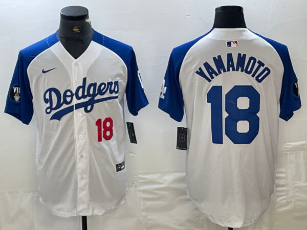 Men's Los Angeles Dodgers #18 Yoshinobu Yamamoto White Blue Vin Patch Cool Base Stitched Baseball Jersey
