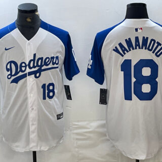 Men's Los Angeles Dodgers #18 Yoshinobu Yamamoto White Blue Vin Patch Cool Base Stitched Baseball Jersey
