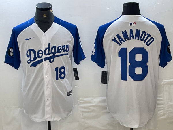 Men's Los Angeles Dodgers #18 Yoshinobu Yamamoto White Blue Vin Patch Cool Base Stitched Baseball Jersey