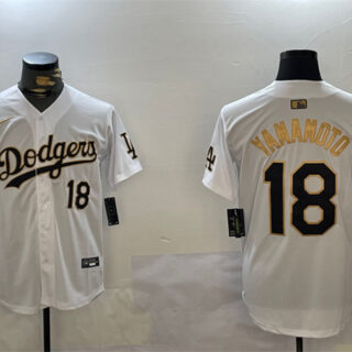 Men's Los Angeles Dodgers #18 Yoshinobu Yamamoto White Gold Home Limited Stitched Baseball Jersey 1