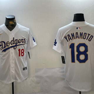 Men's Los Angeles Dodgers #18 Yoshinobu Yamamoto White Gold Home Limited Stitched Baseball Jersey