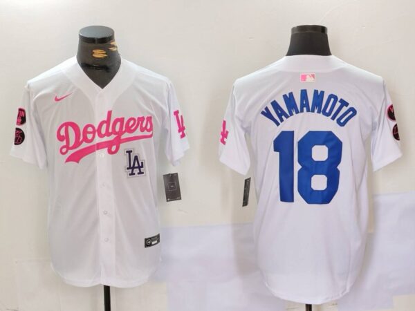 Men's Los Angeles Dodgers #18 Yoshinobu Yamamoto White Pink Vin & Kobe Patch Stitched Baseball Jerseys