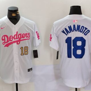 Men's Los Angeles Dodgers #18 Yoshinobu Yamamoto White Pink Vin & Kobe Patch Stitched Baseball Jerseys