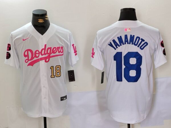 Men's Los Angeles Dodgers #18 Yoshinobu Yamamoto White Pink Vin & Kobe Patch Stitched Baseball Jerseys