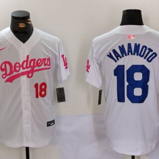 Men's Los Angeles Dodgers #18 Yoshinobu Yamamoto White Pink Vin & Kobe Patch Stitched Baseball Jerseys