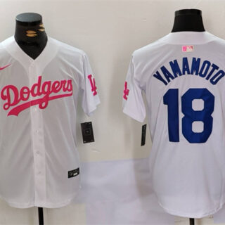 Men's Los Angeles Dodgers #18 Yoshinobu Yamamoto White Pink Vin & Kobe Patch Stitched Baseball Jersey