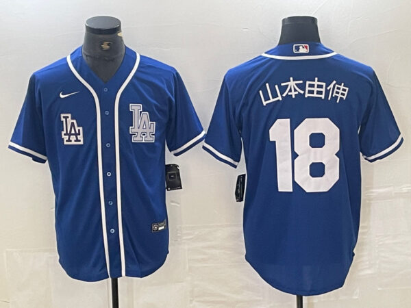 Men's Los Angeles Dodgers #18 山本由伸  Yoshinobu Blue Cool Base Stitched Baseball Jersey