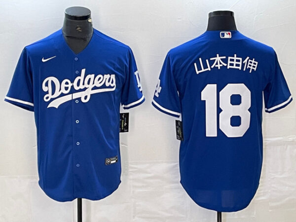Men's Los Angeles Dodgers #18 u5c71u672cu7531u4f38 Blue Cool Base With Patch Stitched Baseball Jersey