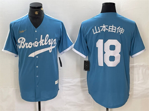 Men's Los Angeles Dodgers #18 山本由伸  Yoshinobu Light Blue Throwback Cool Base Stitched Baseball Jersey