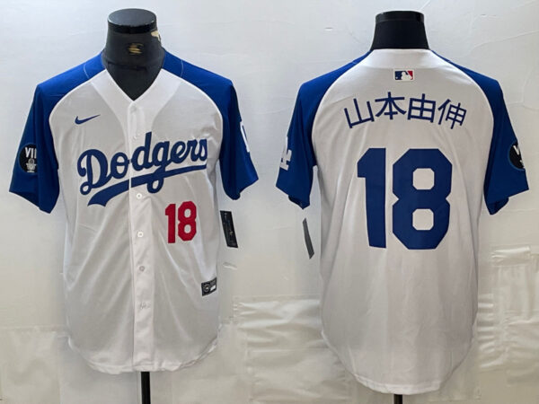Men's Los Angeles Dodgers #18 山本由伸  Yoshinobu White Blue Vin Patch Cool Base Stitched Baseball Jersey