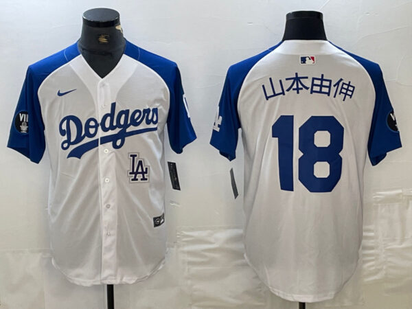 Men's Los Angeles Dodgers #18 山本由伸  Yoshinobu White Blue Vin Patch Cool Base Stitched Baseball Jersey