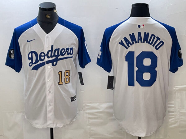 Men's Los Angeles Dodgers #18 山本由伸  Yoshinobu White Blue Vin Patch Cool Base Stitched Baseball Jersey