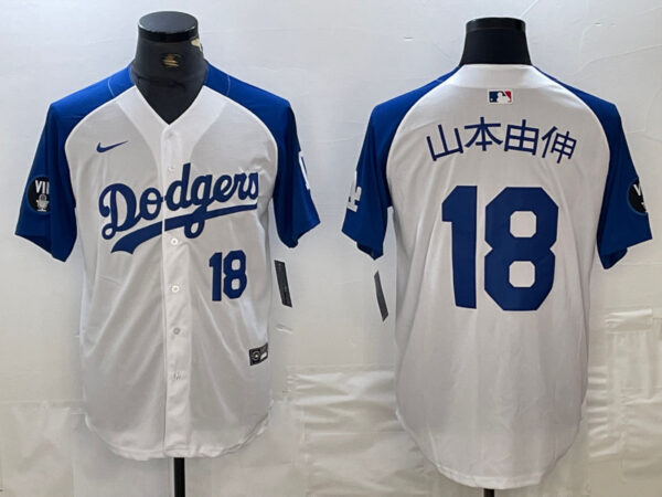Men's Los Angeles Dodgers #18 山本由伸  Yoshinobu White Blue Vin Patch Cool Base Stitched Baseball Jersey