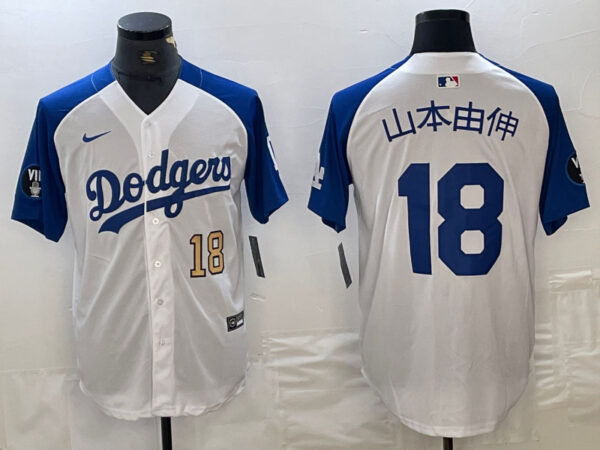 Men's Los Angeles Dodgers #18 山本由伸  Yoshinobu White Blue Vin Patch Cool Base Stitched Baseball Jersey