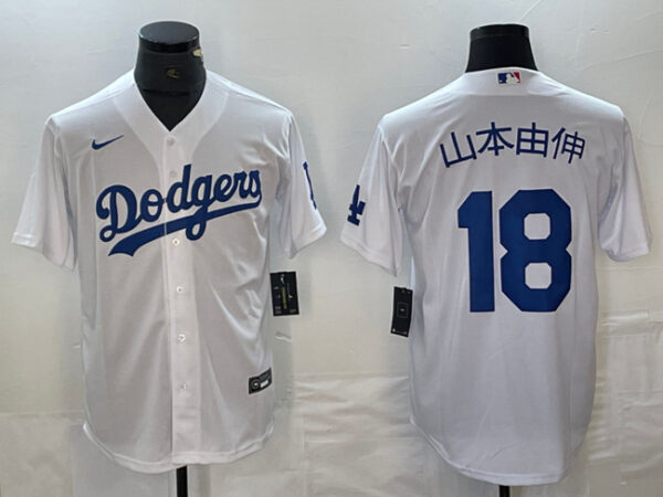 Men's Los Angeles Dodgers #18 u5c71u672cu7531u4f38 White Cool Base With Patch Stitched Baseball Jersey