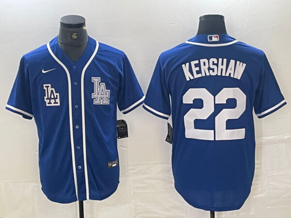 Men's Los Angeles Dodgers #22 Clayton Kershaw Blue Cool Base Stitched Baseball Jersey