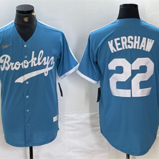 Men's Los Angeles Dodgers #22 Clayton Kershaw Light Blue Throwback Cool Base Stitched Baseball Jersey