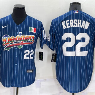Men's Los Angeles Dodgers #22 Clayton Kershaw Navy Mexico Rainbow Cool Base Stitched Baseball Jersey