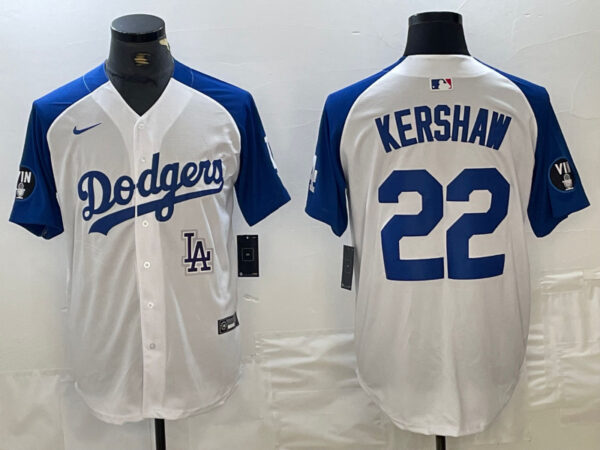Men's Los Angeles Dodgers #22 Clayton Kershaw White Blue Vin Patch Cool Base Stitched Baseball Jersey