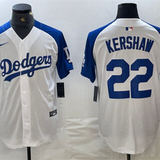 Men's Los Angeles Dodgers #22 Clayton Kershaw White Blue Vin Patch Cool Base Stitched Baseball Jersey