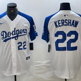 Men's Los Angeles Dodgers #22 Clayton Kershaw White Blue Vin Patch Cool Base Stitched Baseball Jersey