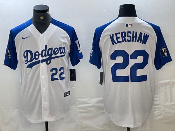 Men's Los Angeles Dodgers #22 Clayton Kershaw White Blue Vin Patch Cool Base Stitched Baseball Jersey