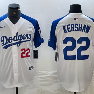 Men's Los Angeles Dodgers #22 Clayton Kershaw White Blue Vin Patch Cool Base Stitched Baseball Jersey
