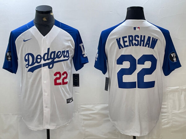 Men's Los Angeles Dodgers #22 Clayton Kershaw White Blue Vin Patch Cool Base Stitched Baseball Jersey
