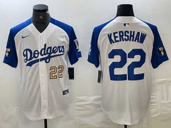 Men's Los Angeles Dodgers #22 Clayton Kershaw White Blue Vin Patch Cool Base Stitched Baseball Jersey
