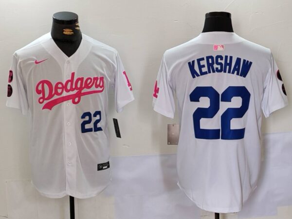 Men's Los Angeles Dodgers #22 Clayton Kershaw White Pink Vin & Kobe Patch Stitched Baseball Jerseys