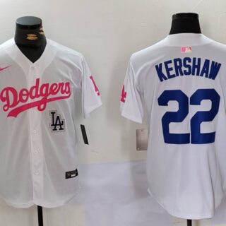 Men's Los Angeles Dodgers #22 Clayton Kershaw White Pink Vin & Kobe Patch Stitched Baseball Jerseys