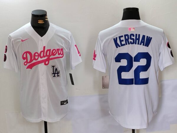 Men's Los Angeles Dodgers #22 Clayton Kershaw White Pink Vin & Kobe Patch Stitched Baseball Jerseys