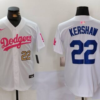 Men's Los Angeles Dodgers #22 Clayton Kershaw White Pink Vin & Kobe Patch Stitched Baseball Jerseys