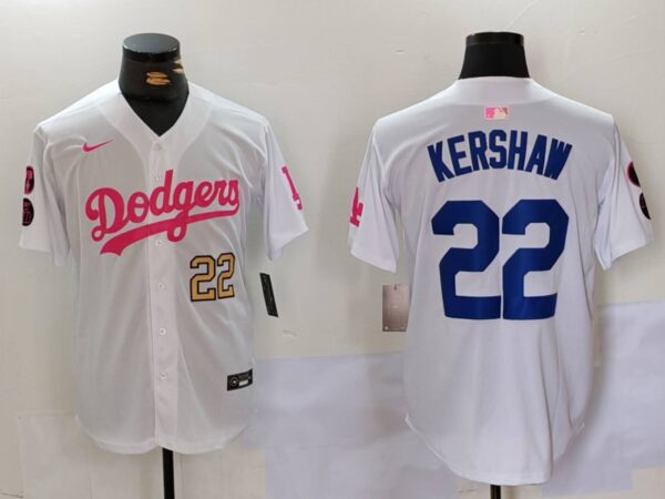 Men's Los Angeles Dodgers #22 Clayton Kershaw White Pink Vin & Kobe Patch Stitched Baseball Jerseys