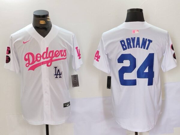 Men's Los Angeles Dodgers #24 Kobe Bryant White Pink Vin & Kobe Patch Stitched Baseball Jerseys