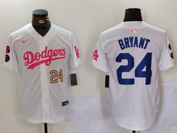 Men's Los Angeles Dodgers #24 Kobe Bryant White Pink Vin & Kobe Patch Stitched Baseball Jerseys