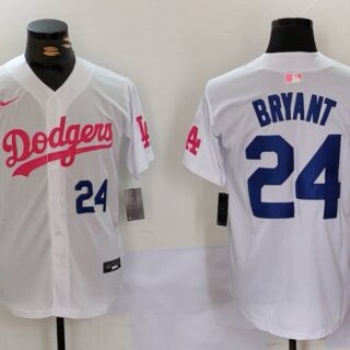 Men's Los Angeles Dodgers #24 Kobe Bryant White Pink Vin & Kobe Patch Stitched Baseball Jerseys