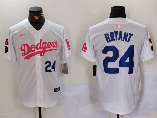 Men's Los Angeles Dodgers #24 Kobe Bryant White Pink Vin & Kobe Patch Stitched Baseball Jerseys