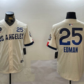 Men's Los Angeles Dodgers #25 Tommy Edman Cream 2024 World Series With Fernando Memorial Patch City Connect Limited Stitched Baseball Jersey