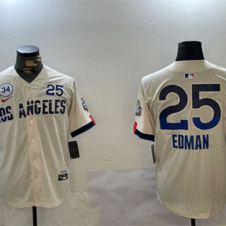 Men's Los Angeles Dodgers #25 Tommy Edman Cream 2024 World Series With No. 34 Patch City Connect Limited Stitched Baseball Jersey
