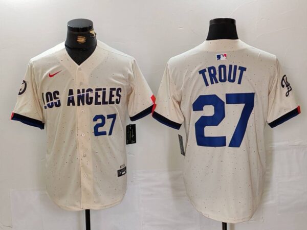 Men's Los Angeles Dodgers #27 Mike Trout Cream 2024 City Connect Limited Stitched Baseball Jerseys