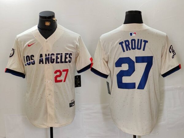 Men's Los Angeles Dodgers #27 Mike Trout Cream 2024 City Connect Limited Stitched Baseball Jerseys
