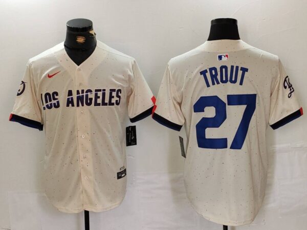 Men's Los Angeles Dodgers #27 Mike Trout Cream 2024 City Connect Limited Stitched Baseball Jersey