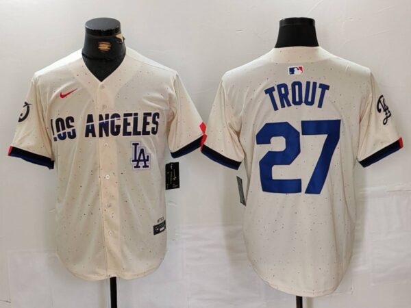 Men's Los Angeles Dodgers #27 Mike Trout Cream 2024 City Connect Limited Stitched Baseball Jerseys