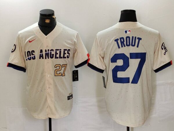 Men's Los Angeles Dodgers #27 Mike Trout Cream 2024 City Connect Limited Stitched Baseball Jerseys